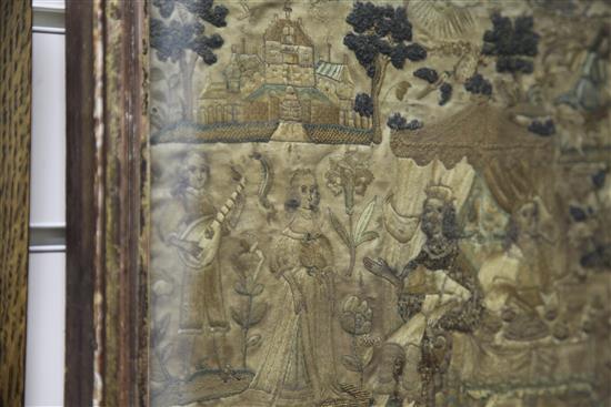 A 17th century silkwork panel, 12 x 15.75in.